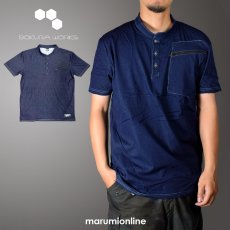 画像1: ボクラワークス コトブキニット 作業着 作業服 春夏用 デニム インディゴ染め ストレッチ バンドカラー 半袖 Tシャツ 5007 (1)